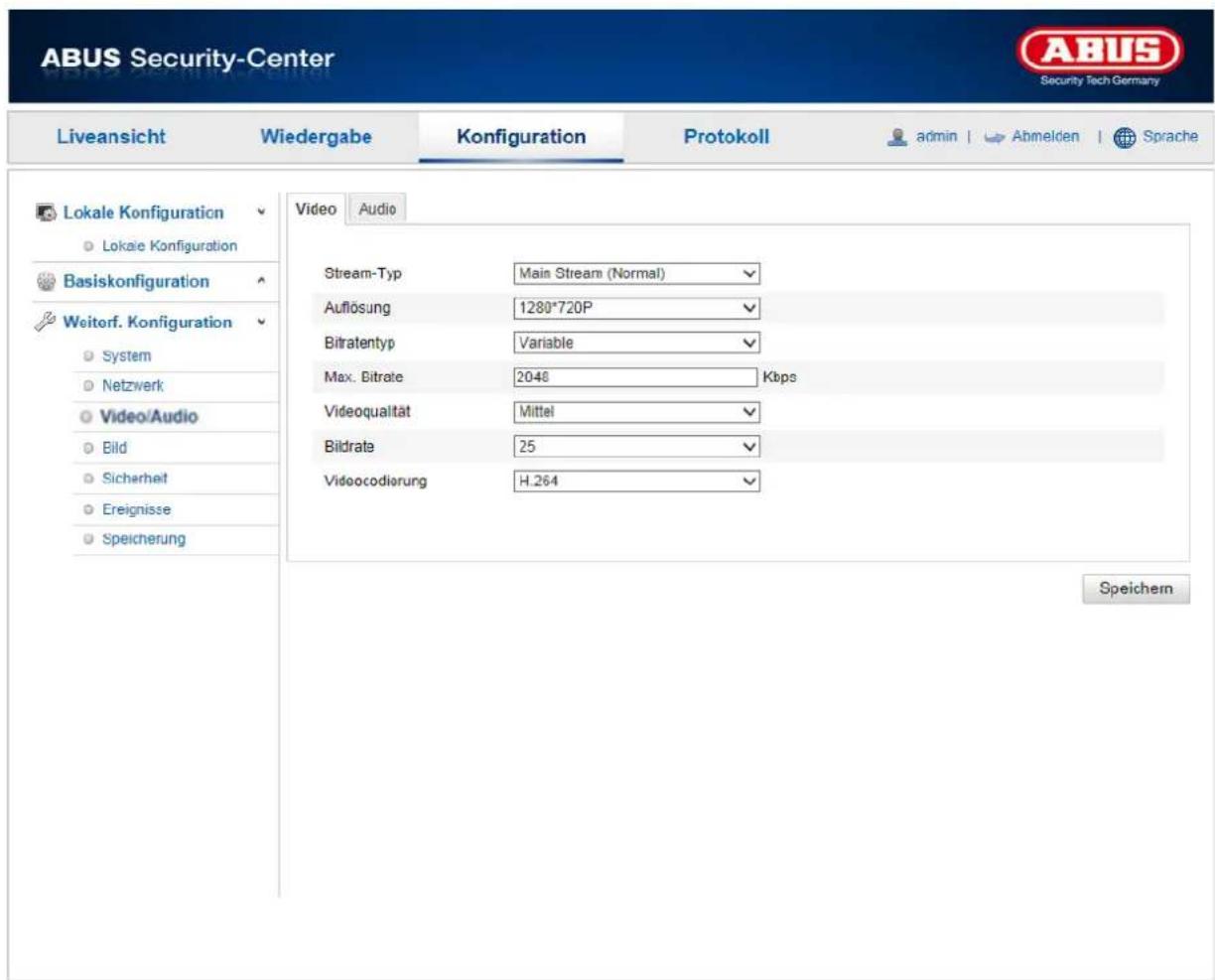 ABUS Security-Center Liveansicht Wiedergabe Konfiguration Protokoll admin | Abmelden | Sprache Lokale Konfiguration Lokale Konfiguration Basiskonfiguration Weiterf. Konfiguration System Netzwerk Video/Audio Bild Sicherheit Ereignisse Speicherung Video Audio Stream-Typ Main Stream (Normal) Auflösung 1280*720P Bitratentyp Variable Max. Bitrate 2048 Kbps Videoqualität Mittel Bildrate 25 Vidocodierung H.264 Speichern
