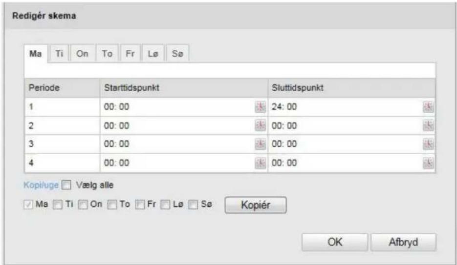 Redigér skema Ma Ti On To Fr Lø Sø Periode Starttidspunkt Sluttidspunkt 1 00:00 24:00 2 00:00 00:00 3 00:00 00:00 4 00:00 00:00 Kopiérige Vælg alle Ma Ti On To Fr Lø Sø Kopiér OK Afbryd