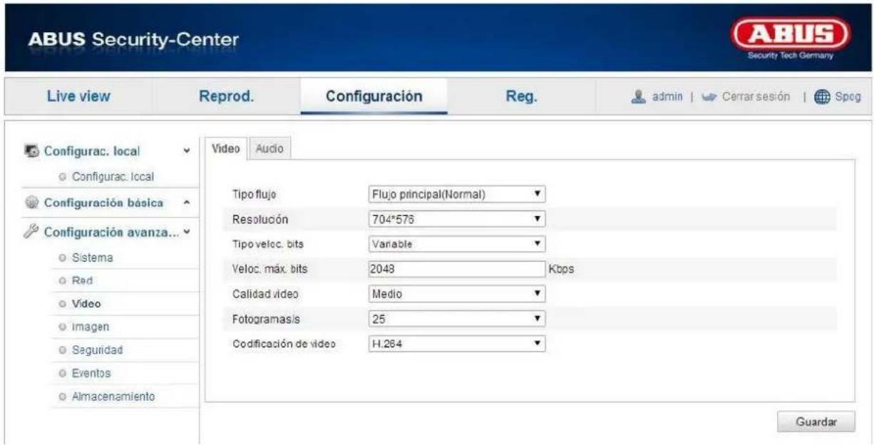 ABUS Security-Center Live view Reprod. Configuración Reg. admin Cerrarsejón Spog Configurac. local Configurac. local Configuración básica Configuración avanza... Sistema Red Video Imagen Seguidad Eventos Almacenamiento Video Audio Tipo flujo Flujo principal(Normal) Resolución 704*576 Tipo veloc. bits Variable Veloc. máx. bits 2048 Kbps Calidad video Medio Fotogramasis 25 Codificación de video H.264 Guardar