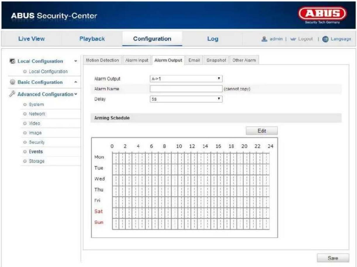 ABUS Security-Center Live View Playback Configuration\Log admin | Logout | Language Local Configuration ○ Local Configuration Basic Configuration Advanced Configuration ○ System ○ Network ○ Video ○ Image ○ Security ○ Events ○ Storage Motion Detection Alarm Input Alarm Output Email Snapshot Other Alarm Alarm Output A->1 Alarm Name (cannot copy) Delay 5s Arming Schedule Edit Mon Tue Wed Thu Fri Sat Sun 0 2 4 6 8 10 12 14 16 18 20 22 24 Save