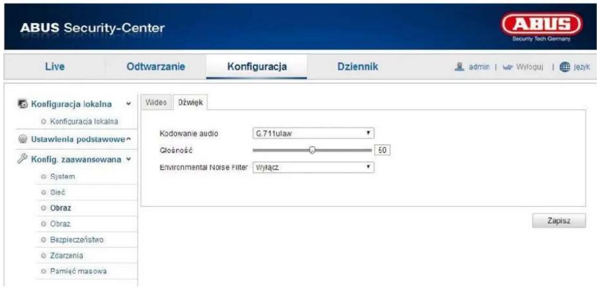 ABUS Security-Center Live Odtwarzanie Konfiguracja Dziennik admin | Wyłoguj | język Konfiguracja lokalna ○ Konfiguracja lokalna Ustawienia podstawowe ○ Konfig. zaawansowana ○ System ○ Bleć ○ Obraz ○ Obraz ○ Bezpieczeństwo ○ Zdarzenia ○ Pamięć masowa Wideo Dźwięk Kodowanie audio G.711ulaw Głośność 50 Environmental Noise Filter Wyłącz Zapisz