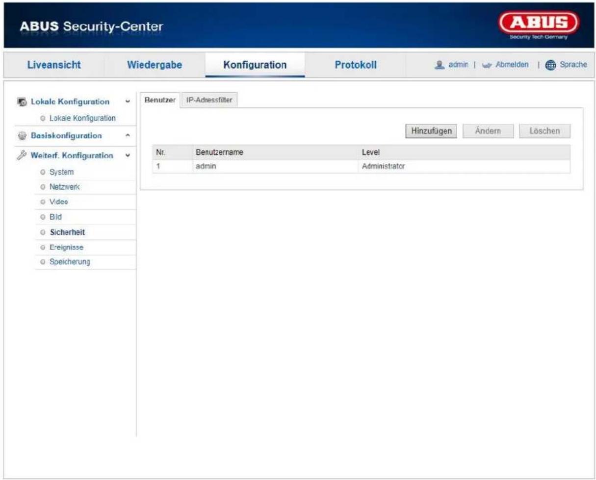 ABUS Security-Center Liveansicht Wiedergabe Konfiguration Protokoll admin | Abmelden | Sprache Lokale Konfiguration Lokale Konfiguration Basiskonfiguration Weiterf. Konfiguration System Netzwerk Video Bild Sicherheit Ereignisse Speicherung Benutzer IP-Adressfilter Hinzufügen Ändern Löschen Nr. Benutzername Level 1 admin Administrator