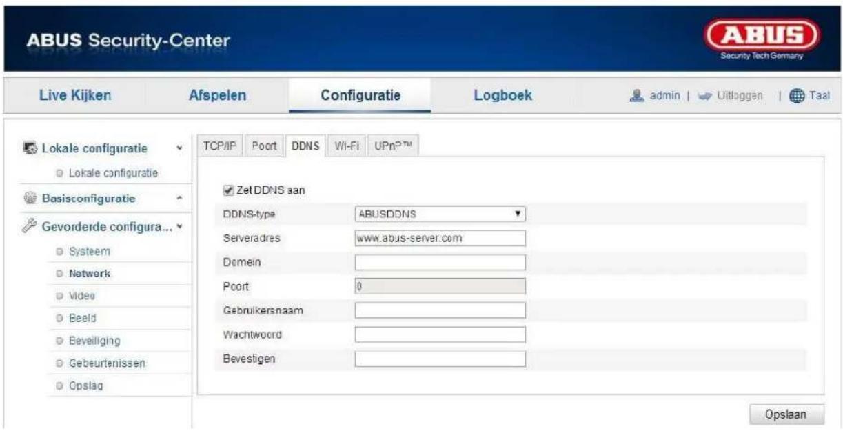 ABUS Security-Center Live Kijken Afspelen Configuratie Logboek admin | Uitloggen | Taal TCP/IP Poort DDNS Wi-Fi UPnPTM Lokale configuratie Lokale configuratie Basisconfiguratie Gevorderde configura... Systeem Network Video Beeld Beveiliging Gebeurtenissen Opslag ZetDDNS aan DDNS-type ABUSDDNS Serveradres www.abus-server.com Domein Poort 0 Gebruikersnaam Wachtwoord Bevestigen Opslaan