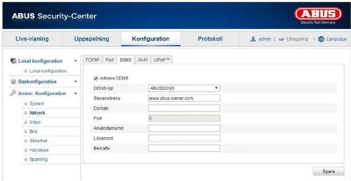 ABUS Security-Center Live-visning Uppspelning Konfiguration Protokoll admin | Uitogning | Language Lokal konfiguration Lokal konfiguration Baskonfiguration Avanc. Konfiguration System Nätverk Video Bild Säkerhet Händelse Spaming TCP/IP Port DDNS Wi-Fi UPnP™ Aktivera DDNS DDNS-typ ABUSDDNS Serveradress www.abus-server.com Domän Port 0 Användarnamn Lösenord Bekräfta Spara