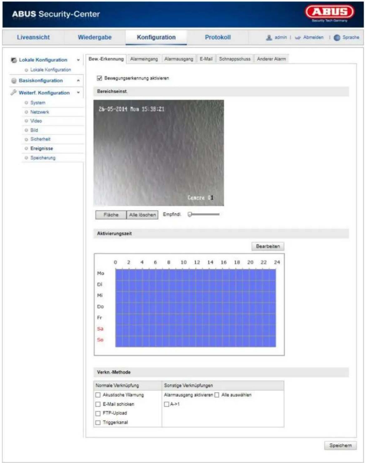 ABUS Security-Center Liveansicht Wiedergabe Konfiguration Protokoll admin | Abmelden | Sprache Lokale Konfiguration Lokale Konfiguration Basiskonfiguration Weiterf. Konfiguration System Netzwerk Video Bild Sicherheit Ereignisse Speicherung Bew.-Erkennung Alarmeingang Alarmausgang E-Mail Schnappschuss Anderer Alarm Bewegungserkennung aktivieren Bereichseinst. 26-05-2014 Mon 15:38:21 Cencre 01 Fläche Alle löschen Empfindl. Aktivierungszeit Bearbeiten 0 2 4 6 8 10 12 14 16 18 20 22 24 Mo Di Mi Do Fr Sa So Verkn.-Methode Normale Verknüpfung Sonstige Verknüpfungen Akustische Warnung Alarmausgang aktivieren Alle auswählen E-Mail schicken A->1 FTP-Upload Triggerkanal Speichern