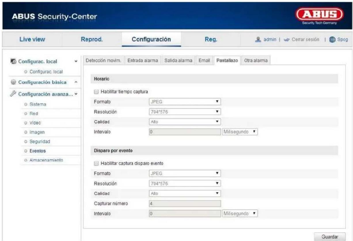 ABUS Security-Center Live view Reprod. Configuración Reg. admin | Cerrar sesión | Spog Configurac. local Configurac. local Configuración básica Configuración avanza... Sistema Red Vídeo Imagen Seguridad Eventos Almacenamiento Detección movim. Entrada alarma Salida alarma Email Pantallazo Otra alarma Horario Habilitar tiempo captura Formato JPEG Resolución 704*576 Calidad Alto Intervalo 0 Milsegundo ▼ Disparo por evento Habilitar captura disparo evento Formato JPEG Resolución 704*576 Calidad Alto Capturar número 4 Intervalo 0 Milsegundo ▼ Guardar