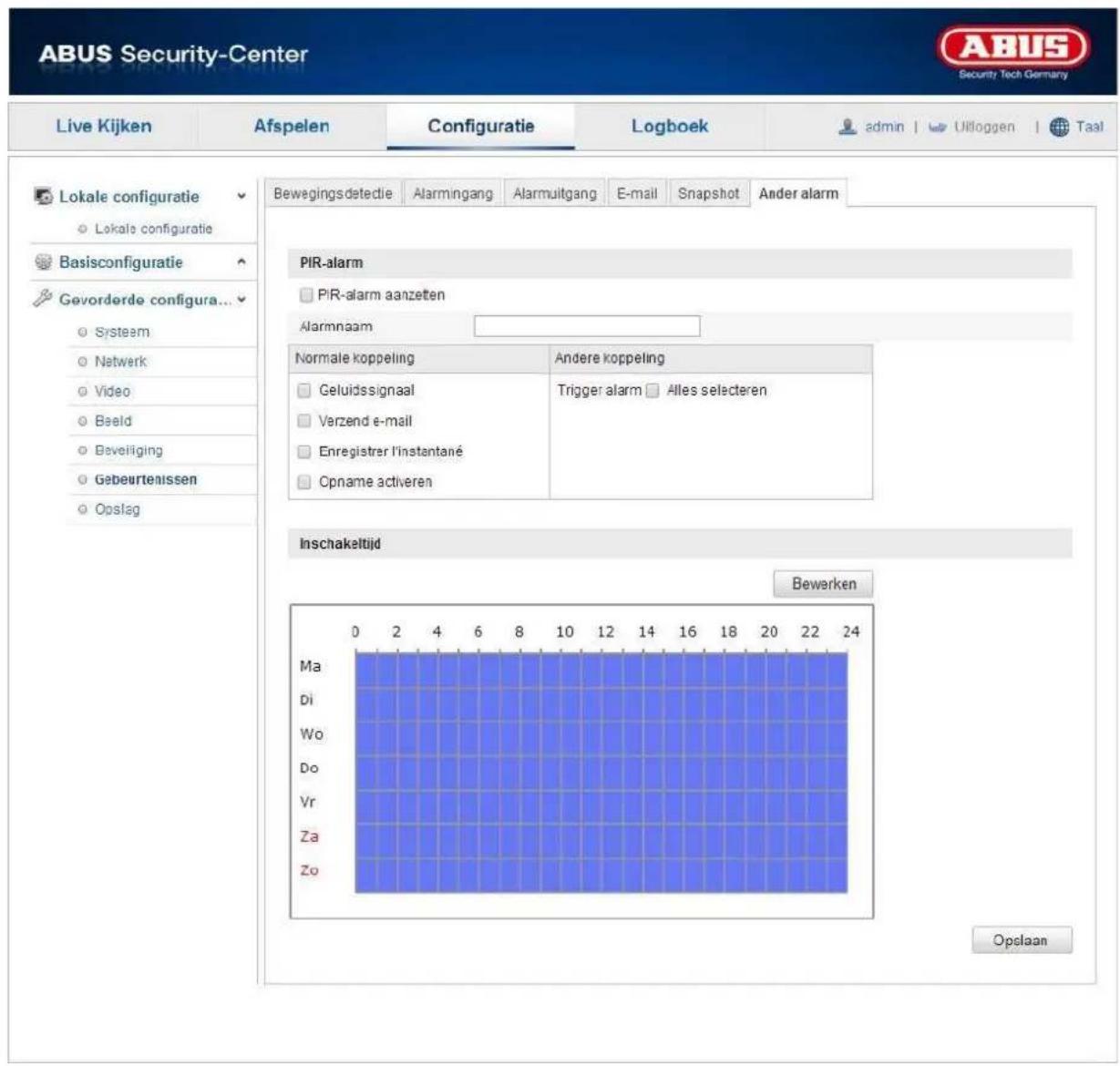 ABUS Security-Center Live Kijken Afspelen Configuratie Logboek admin | Uitloggen | Taal Lokale configuratie Lokale configuratie Basisconfiguratie Gevorderde configura... Systeem Netwerk Video Beeld Beveiliging Gebeurtenissen Opslag Bewegingsdeteie Alarmingang Alarmuitgang E-mail Snapshot Ander alarm PIR-alarm PIR-alarm aanzeten Alarmnaam Normale koppeling Andere koppeling Celuidssignaal Trigger alarm Alles selecteren Verzend e-mail Enregistrer l'instantané Cpname activeren Inschakeltijd Bewerken 0 2 4 6 8 10 12 14 16 18 20 22 24 Ma Di Wo Do Vr Za Zo Opslaan