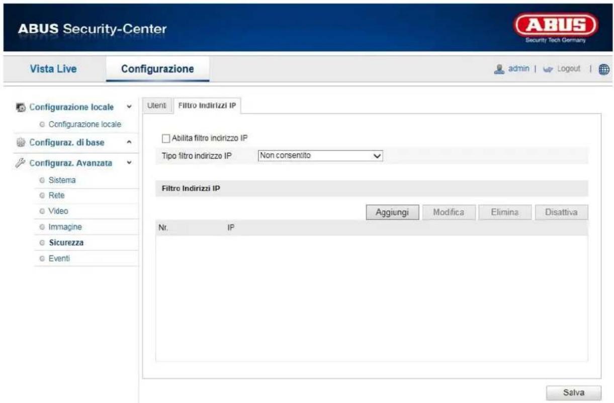 ABUS Security-Center Vista Live Configurazione admin | Logout | Configurazione locale Configurazione locale Configuraz. di base Configuraz. Avanzata Sistema Rete Video Immagine Sicurezza Eventi Utenti Filtro Indirizzi IP Abilita filtro incirizzo IP Tipo filtro indirizzo IP Non consentito Filtro Indirizzi IP Aggiungi Modifica Elimina Disattiva Nr. IP Salva
