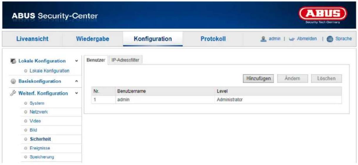 ABUS Security-Center Liveansicht Wiedergabe Konfiguration Protokoll admin | Abmelden | Sprache Lokale Konfiguration Lokale Konfiguration Basiskonfiguration Weiterf. Konfiguration System Netzwerk Video Bild Sicherheit Ereignisse Speicherung Benutzer IP-Adressfilter Hinzufügen Ändern Löschen Nr. Benutzername Level 1 admin Administrator