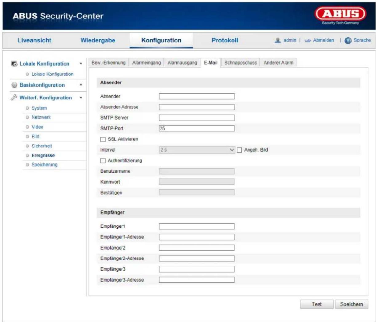 ABUS Security-Center Liveansicht Wiedergabe Konfiguration Protokoll admin | Abmelden | Sprache Lokale Konfiguration Lokale Konfiguration Basiskonfiguration Weitorf. Konfiguration System Netzwerk Video Bild Sicherheit Ereignisse Speicherung Bew.-Erkennung Alarmeingang Alarmausgang E-Mail Schnappschuss Anderer Alarm Absender Absender Absender-Adresse SMTP-Server SMTP-Port 25 SSL Aktivieren Interval 2 s Angeh. Bild Authentifizierung Benutzername Kennwort Bestätigen Empfänger Empfänger1 Empfänger1-Adresse Empfänger2 Empfänger2-Adresse Empfänger3 Empfänger3-Adresse Test Speichern