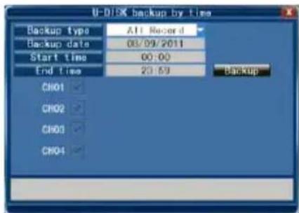 U-DISK backup by time Backup type All Record Backup date 03/09/2011 Start time 00:00 End time 20:59 CH01 Backup CH02 CH03 CH04 ✓