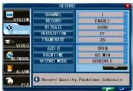RECORD CHANNEL 1 RECORD ENABLE BITRATE GOOD RECO BUTTON D1 FRAME RATE 25 AUDIO OPEN PACKTIME 60 MIN RECORD MODE SCHEDULE Record Quality, Packtime, Schedule