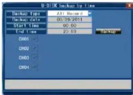U-DISK backup by time Backup type All Record Backup data 03/09/2011 Start time 00:00 End time 20:59 CH01 Backup CH02 CH03 CH04 ✓