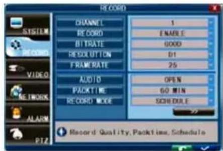 RECORD CHANNEL 1 RECORD ENABLE BITRATE GOOD RESET TON D1 FRAME RATE 25 AUDIO OPEN PACKTIME 60 MIN SCHEDULE RECORD MODE Record Quality, Packtime, Schedule