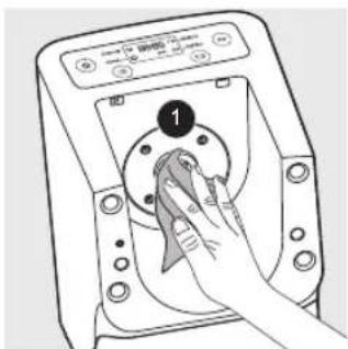 Diagram of a device with labeled control panel and hand gesture pointing to a screen showing a device with a cloth.