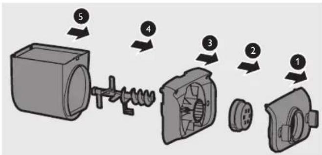 Diagram showing a mechanical assembly with numbered components, likely illustrating a sequence or assembly process.