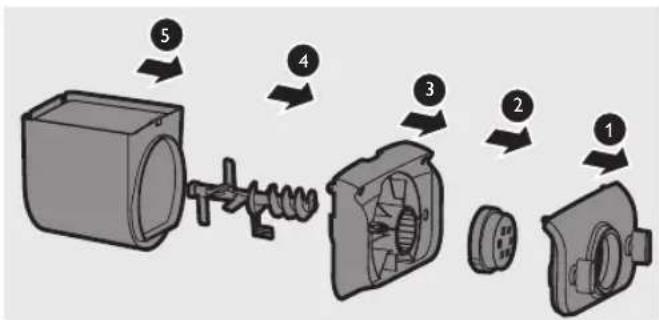 Diagram showing a mechanical assembly with numbered components, likely illustrating a disassembly or assembly process.