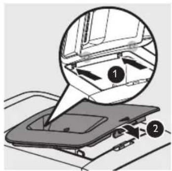 Diagram showing a device with labeled parts and an inset magnified view of the component, likely illustrating a mechanical or electronic assembly.