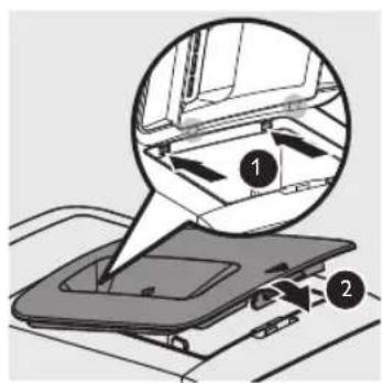 Diagram showing a device with labeled parts and an inset magnified view of the component, likely illustrating a mechanical or electronic assembly.