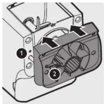 Diagram of a device showing labeled components of a fan or motor, with numbered parts and directional arrows indicating flow or movement.