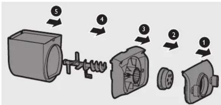 Diagram showing a mechanical assembly with numbered components, likely illustrating a turning or disassembly process.