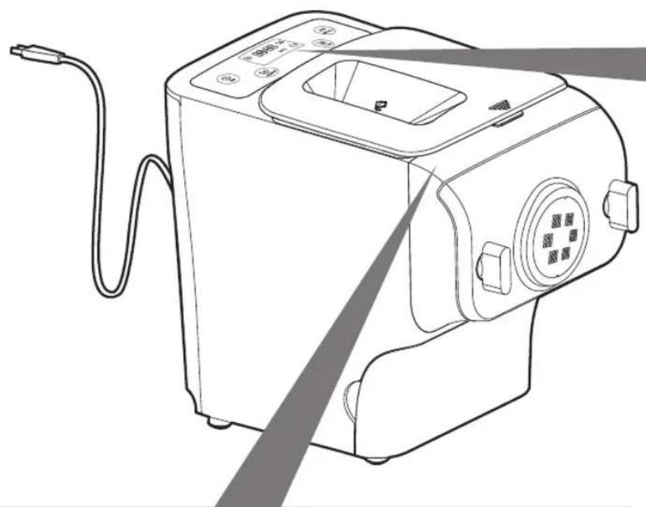 追加製麺 タイマー 開始・ 生地こね サイン 表示 停止サイン サイン 製麺サイン 88:88 電源ボタン 追加製麺 ディスプレイコシ調整 開始/停止 ボタン 画面 ボタン 操作パネル 電源コード 製麺用ケースの安全スイッチ穴 キャップホルダーの安全スイッチ 本体 製麺用キャップ収納トレイ