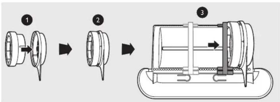Technical diagram showing three-step assembly of a mechanical component with labeled parts and directional arrows.
