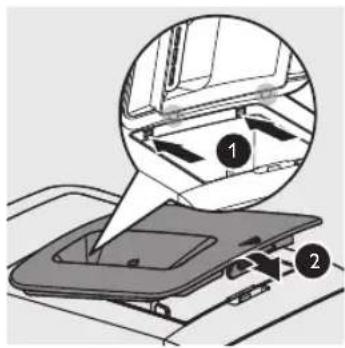 Diagram showing a device with labeled parts and directional arrows, likely illustrating a mechanical or electrical component assembly.