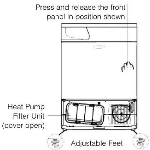 Press and release the front panel in position shown Heat Pump Filter Unit (cover open) Adjustable Feet