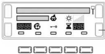 Front panel of a vehicle air conditioner unit with display, control buttons, and function icons