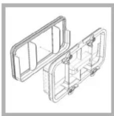 Technical line drawing of a mechanical housing or enclosure assembly (no text or symbols)