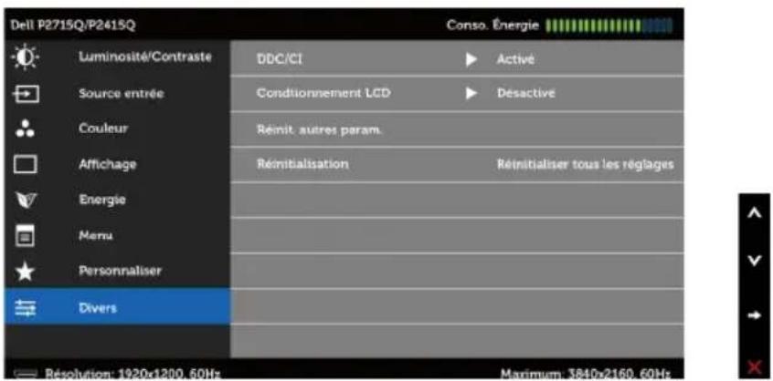 Dell P2715Q/P2415Q Luminosité/Contraste Source entrée Couleur Affichage Energie Menu Personnaliser Divers DDC/CI Conditionnement LCD Réinit. autres param. Réinitialisation Résolution: 1920x1200, 60Hz Conso. Énergie Active Désactive Réinitialiser tous les réglages Maximum: 3840x2160, 60Hz