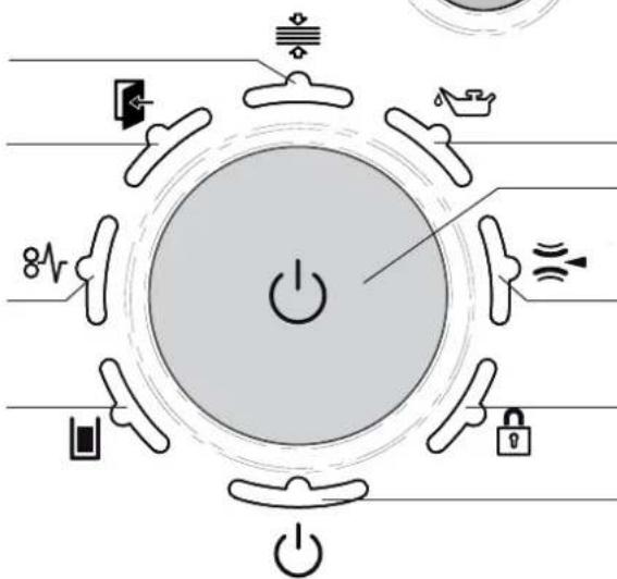 Diagram illustrating power distribution around a central power button with icons for switches, battery, and signals like 8V and AC.