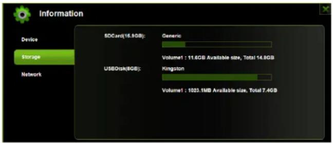 Information Device $storage Network SDCard(16.9GB): Generic Volume1 : 11.6GB Available size, Total 14.8GB USBDisk(8GB): Kingston Volume1 : 1023.1MB Available size, Total 7.4GB
