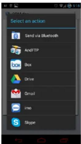 Select an action Send via Bluetooth AndFTP Box Drive Gmail imo Skype