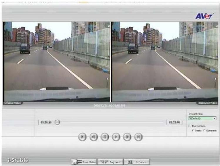 AVer Original Video 2018/12/24, 09:30:58.888 Installed Video 09:30:50 09:33:46 Smoothness 3 (Default) Demeracea Static Dynamic i-Stable Save Video Segment Enhancement