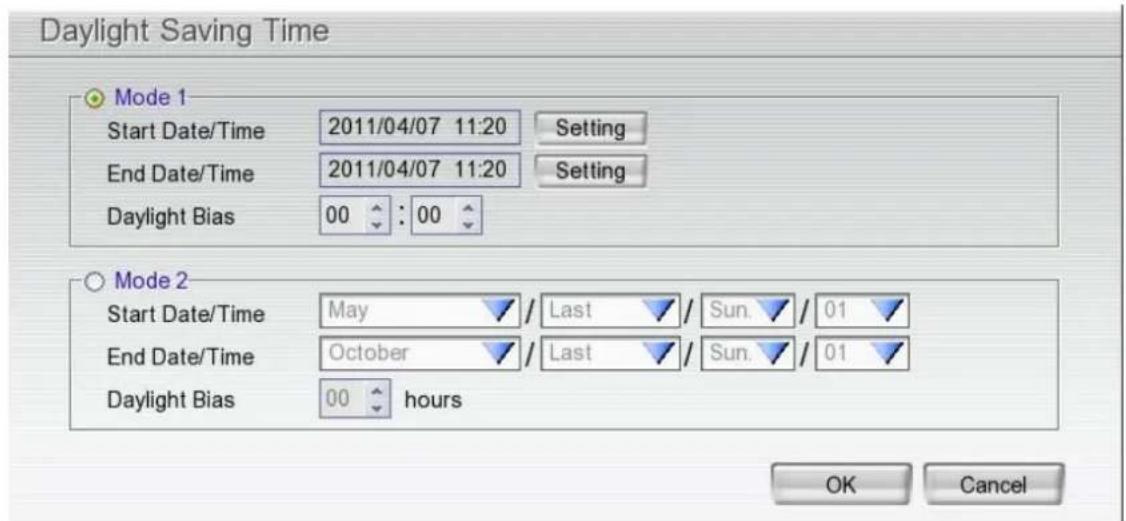Daylight Saving Time Mode 1 Start Date/Time 2011/04/07 11:20 Setting End Date/Time 2011/04/07 11:20 Setting Daylight Bias 00 : 00 Mode 2 Start Date/Time May / Last / Sun. / 01 End Date/Time October / Last / Sun. / 01 Daylight Bias 00 hours OK Cancel