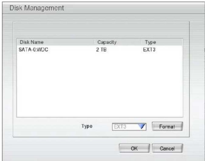 Disk Management Disk Name Capacity Type SATA-0:WDC 2 TB EXT3 Type EXT3 Format OK Cancel