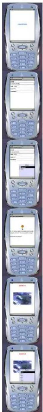 Scanned image of a multi-axle mobile phone displaying app interface with text and images, likely from a mobile app or news system.
