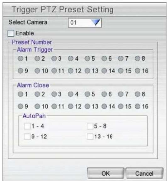 Trigger PTZ Preset Setting Select Camera 01 Enable Preset Number Alarm Trigger 1 2 3 4 5 6 7 8 9 10 11 12 13 14 15 16 Alarm Close 1 2 3 4 5 6 7 8 9 10 11 12 13 14 15 16 AutoPan 1 - 4 5 - 8 9 - 12 13 - 16 OK Cancel