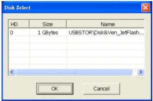 Disk Select HD Size Name 0 1 GBytes USBSTOR\Disk&Ven_JetFlash... OK Cancel