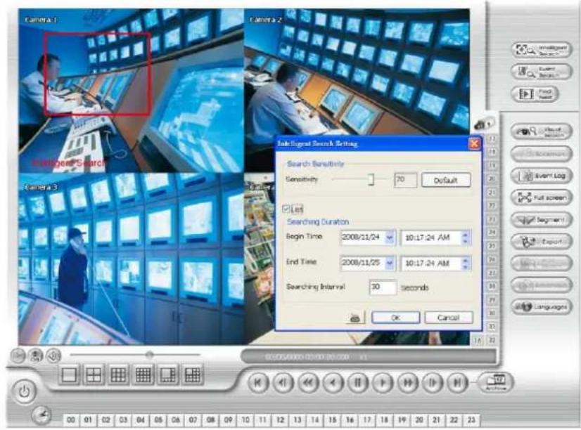 Intelligent Search Setting Search Sensitivity Sensitivity 70 Default List Searching Duration Begin Time 2008/11/24 10:17:24 AM End Time 2008/11/25 10:17:24 AM Searching Interval 30 seconds OK Cancel