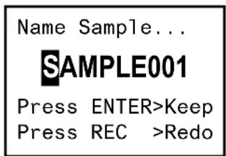 Name Sample... SAMPLE001 Press ENTER>Keep Press REC >Redo