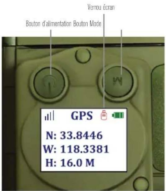 Verrou écran Bouton d'alimentation Bouton Mode GPS N: 33.8446 W: 118.3381 H: 16.0 M