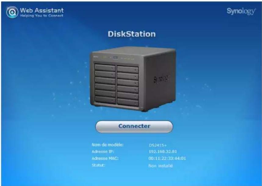Web Assistant Helping You to Connect Synology DiskStation Connecter Nom de modèle: DS2415+ Adresse IP: 192.168.32:01 Adresse MAC: 00:11:22:33:44:01 Statut: Non installé