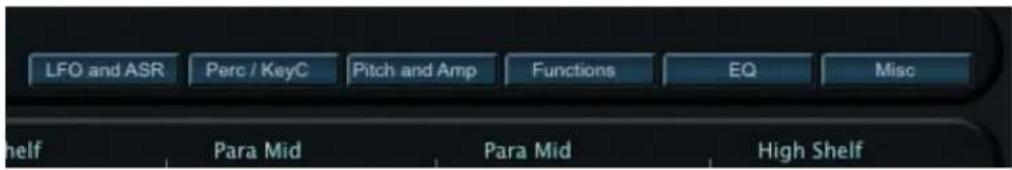 LFO and ASR Perc / KeyC Pitch and Amp Functions EQ Misc shelf Para Mid Para Mid High Shelf