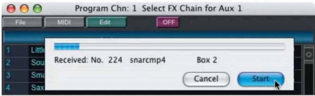 Program Chn: 1 Select FX Chain for Aux 1 File Mali Edit OFF Received: No. 224 snarcmp4 Box 2 Cancel Start