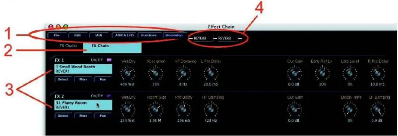 FX Chain: FX Chain Effect Chain REVER8 - REVER3 FX 1 On/Off 1 Small Wood Roath REVER3 Select More Fun WetDry Absorption HF Damping L Pro Delay 40% Wet 30% 8 Hz 20.0 mS Out Gain Early Ref Lift Late Level R Pre Delay 0.0 dB 20% 0% 10.0 mS FX 2 On/Off 31 Platey Room REVER3 Select More Fun WetDry Room Size Pre Delay HF Damping 25% Wet 3.05 M 276 mS 523 Hz Out Gain Decay Time LF Damping 0.0 dB 0% 0.0 dB