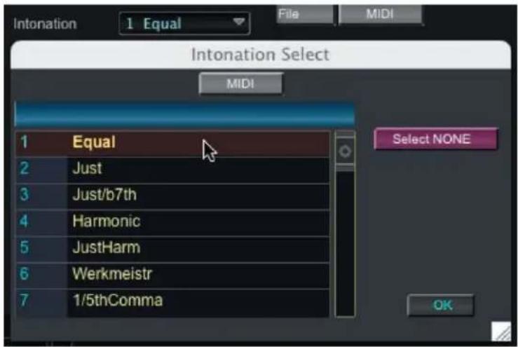 Intonation Select 1 Equal File MIDI MIDI Select NONE 1 Equal 2 Just 3 Just/b7th 4 Harmonic 5 JustHarm 6 Werkmeistr 7 1/5thComma OK