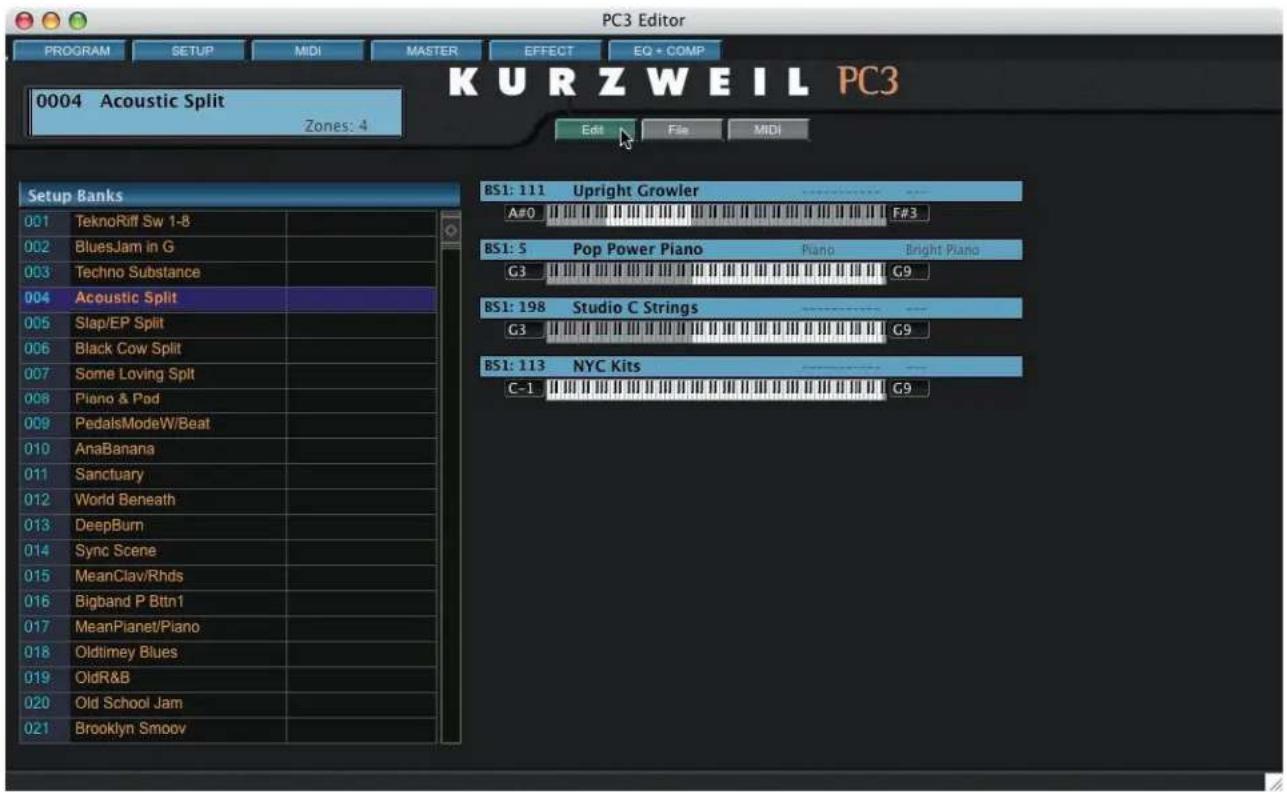 PC3 Editor PROGRAM SETUP MIDI MASTER EFFECT EQ + COMP 0004 Acoustic Split Zones: 4 Edit File MIDI Setup Banks 001 TeknoRiff Sw 1-8 002 BluesJam in G 003 Techno Substance 004 Acoustic Split 005 Slap/EP Split 006 Black Cow Split 007 Some Loving Split 008 Piano & Pod 009 PedalsModeW/Beat 010 AnaBanana 011 Sanctuary 012 World Beneath 013 DeepBurn 014 Sync Scene 015 MeanClav/Rhds 016 Bigband P Bttn1 017 MeanPianet/Piano 018 Oldtimey Blues 019 OldR&B 020 Old School Jam 021 Brooklyn Smoov BS1: 111 Upright Growler A#0 F#3 BS1: 5 Pop Power Piano Piano Bright Piano G3 G9 BS1: 198 Studio C Strings G3 G9 BS1: 113 NYC Kits C-1 G9